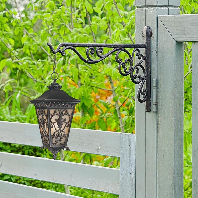 Sungmor Decorative Cast Iron Hanging Bracket - 15.6" Thickened Outdoor Metal Plant Hangers, Vintage Scroll Design for Signs, Planters, Lanterns, Bird Feeders - 2 Pack Heavy Duty Wall Hooks, Black