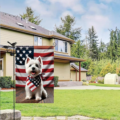 Patriotic 4th of July West Highland White Terrier Garden Flag Summer Decorative Lovely Pet Dog American US Flag Banner for Outside 12x18 Inch Printed Double Sided