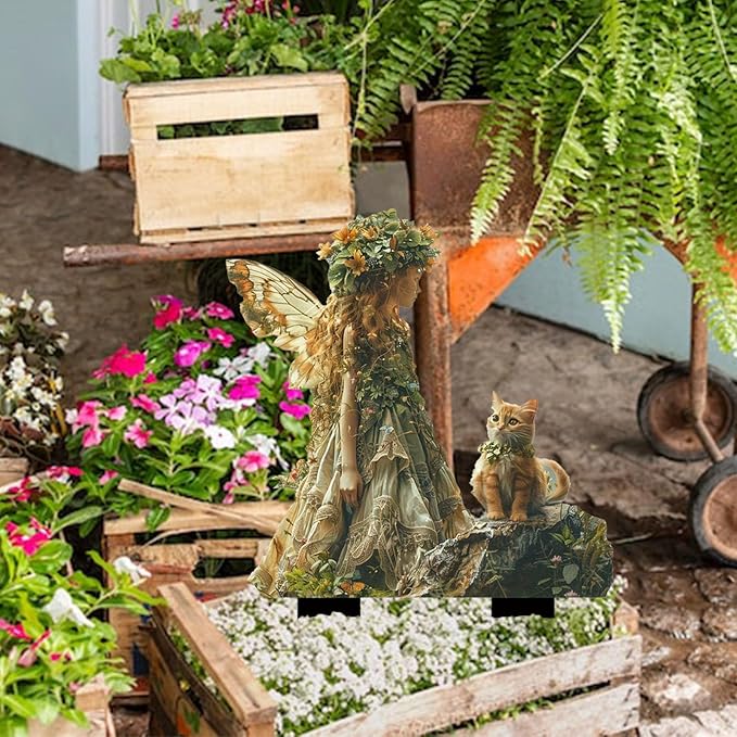 Flower Fairy Garden Stake Decor, 2D Flat Acrylic Elf Garden Sign with Stake, Fairy with Magic Sign for Indoor Outdoor Yard Lawn Balcony Pot Plants (Flower Fairy and Cat)
