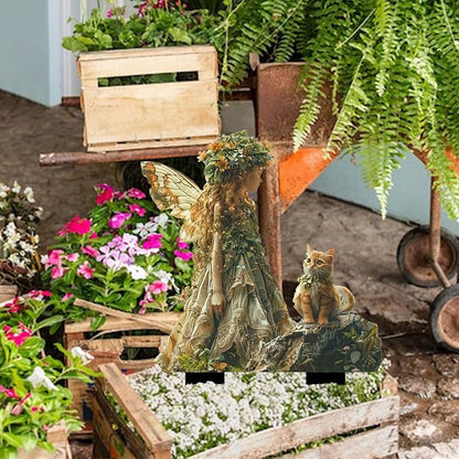 Flower Fairy Garden Stake Decor, 2D Flat Acrylic Elf Garden Sign with Stake, Fairy with Magic Sign for Indoor Outdoor Yard Lawn Balcony Pot Plants (Flower Fairy and Cat)