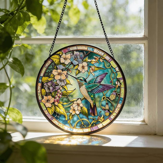 Stained Glass Sun Catcher,Fly HummingbirdStained Glass Window Hanging Garden Decor,Sun Catchers Indoor Window,Whimsical Decoration for Home Backyard Patio Lawn Porch with 6.3 INCH