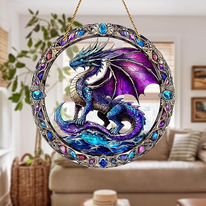 8x8 inch Charming Dragon Acrylic Stained Glass Window Hanging Sun Catcher Decor Stained Panel Hangings Wall Art Decor, for Friends and Family (Dragon)