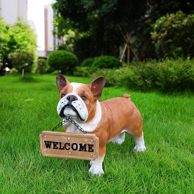 Outdoor French Bulldog Dog Statue with Interchangeable Welcome Sign and Detachable Solar Lantern –LED Light Garden Dog Sculpture Décor, Cute Puppy Design for Yard, Porch, Gift