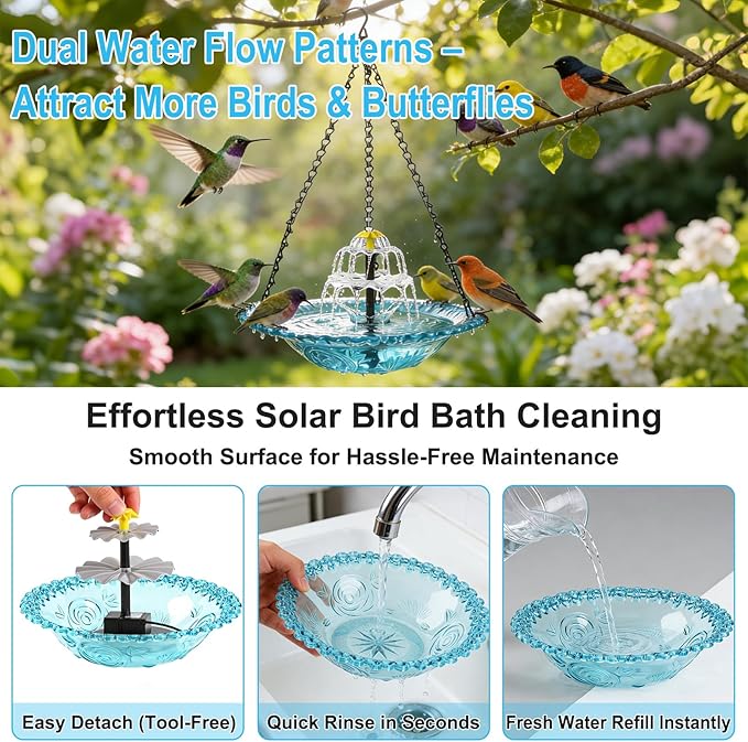 Yeomi Solar Fountain for Bird Bath, Solar Cascade Hanging Bird Bath Fountain, Large Hummingbird Bath with Solar Pump & Blue Glass Bowl, Outdoor Garden Decor