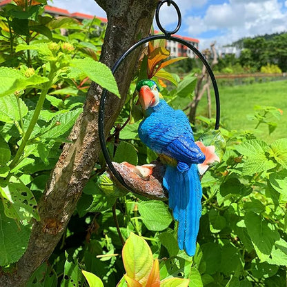 iRonrain Mini Garden Statues Hanging Iron Ring Parrots, Art Décor Gorgeous Swing Birds Figurine Sculpture Ornament for Pathways Yard Patio Office Indoor Outdoor Tree Decorations (Yellow/Blue)
