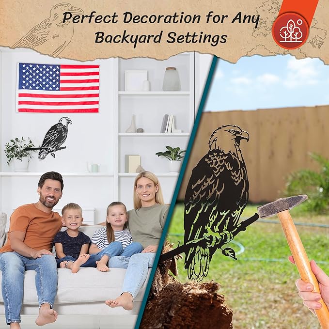 Renovatio Metal Bald Eagle Yard Decor – Majestic Bird Decoration, Metal Bird Decoration, Outdoor Tree Ornaments – Ideal for Dad, Uncle, or Grandfather – A Remarkable Outdoor Yard Decor – Black