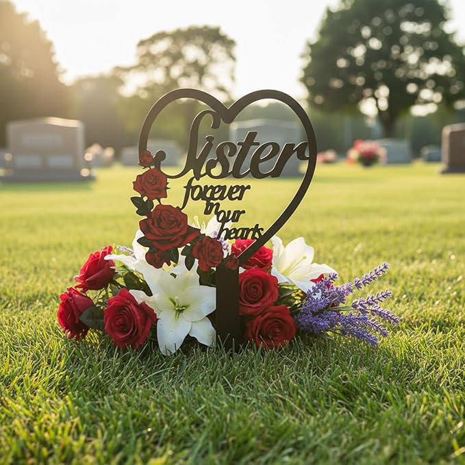 AIM & GGKK Memorial Stake for Sister - Metal Heart Grave Marker with Red Roses, Memorial Plaque Cemetery Decor for Grave, Garden, Gravesite
