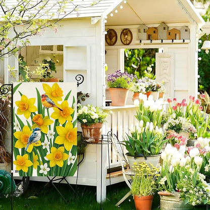 Baccessor Spring Summer Daffodils Garden Flag 12.5 x 18 Inch Double Sided Burlap Bluebirds Yellow Flower Green Leaf Farmhouse Small Yard Flag Summer Holiday Seasonal Outdoor Outside Decoration