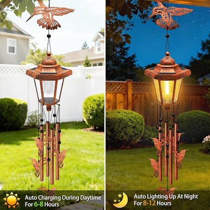 Large Solar Hummingbird Wind Chimes with Wind Catcher/Solar Decor Light to Create a Zen Atmosphere Decor for Outdoor Garden Patio, Classic Bronze Wind Chimes, Gifts for Mom Grandma Women Wife Daughter