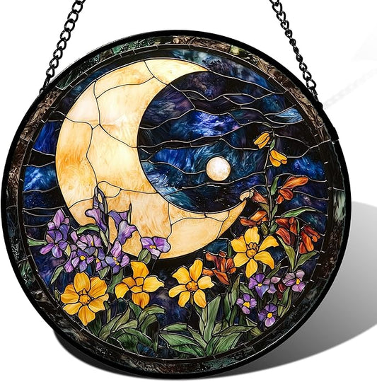 Stained Glass Window Hanging - Blue Night Sky Moon Suncatcher for Door Terrace Garden Home Decor Wildflowers Sun Catcher Birthday Gifts for Lovers Women Men Dad Mom Nana 6.3 in