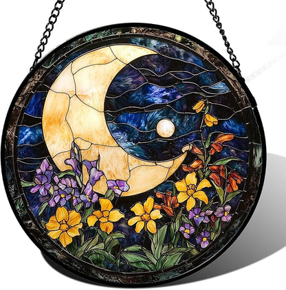 Stained Glass Window Hanging - Blue Night Sky Moon Suncatcher for Door Terrace Garden Home Decor Wildflowers Sun Catcher Birthday Gifts for Lovers Women Men Dad Mom Nana 7.8 in