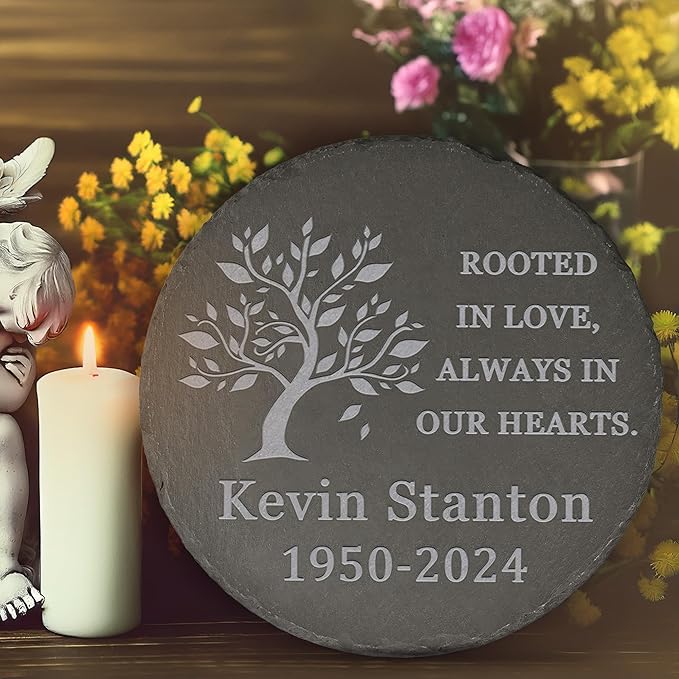 Memorial Garden Stone, VAPCUFF Memorial Stone, Personalized Memorial Gifts Sympathy Gifts for Loss of Loved One Bereavement Gift for Loss of Father Mother - Rooted in Love Always in Our Hearts - Round
