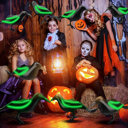 Ripeng 12 Pcs 11.5'' Halloween Inflatable Outdoor Decoration Large Halloween Crow Inflatable Hanging Ornament Realistic PVC Glow in The Dark Black Blow up Crow for Outside Indoor Yard Tree Party Decor