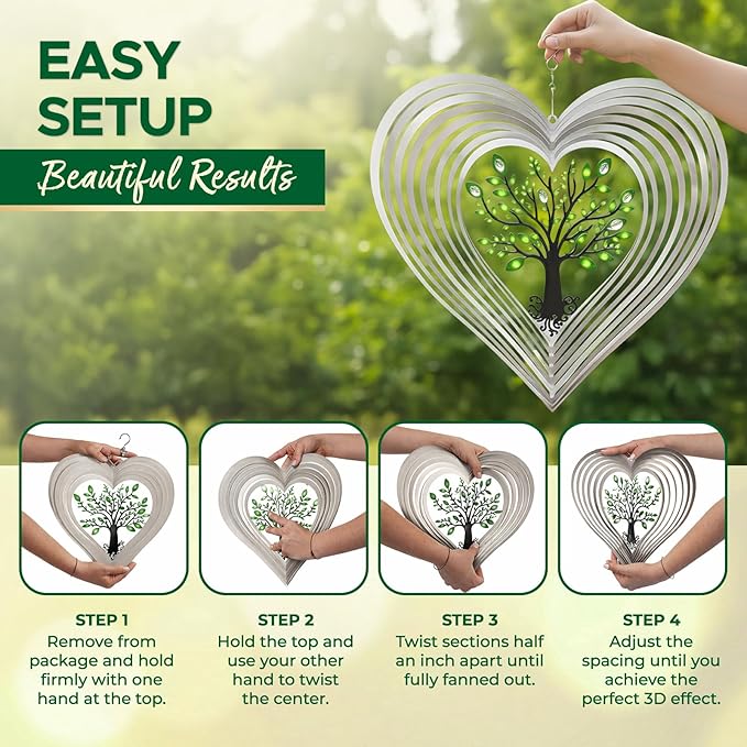 ISEO XL Silver Heart 15” Wind Spinner for Yard and Garden with Crystals, Hanging Outdoor Decor, Yard Art, Porch and Patio Decorations, Metal Wind Spinners Outdoor, Weather Resistant,