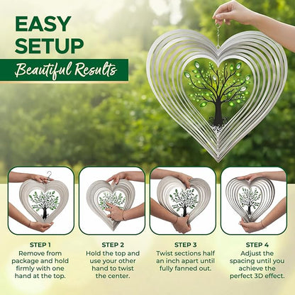 ISEO XL Silver Heart 15” Wind Spinner for Yard and Garden with Crystals, Hanging Outdoor Decor, Yard Art, Porch and Patio Decorations, Metal Wind Spinners Outdoor, Weather Resistant,