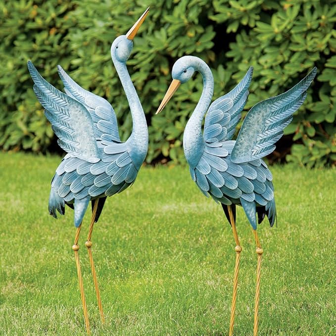 Bits and Pieces - Japanese Blue Heron Metal Sculpture Set - Two Standing Cranes Perfect for Garden Décor - Metal Garden Art, Outdoor Lawn and Patio Décor, Backyard Sculpture, and Decoration