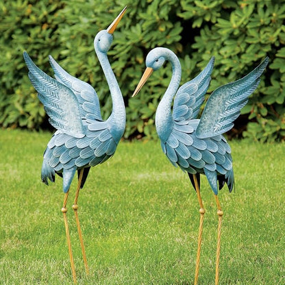 Bits and Pieces - Japanese Blue Heron Metal Sculpture Set - Two Standing Cranes Perfect for Garden Décor - Metal Garden Art, Outdoor Lawn and Patio Décor, Backyard Sculpture, and Decoration