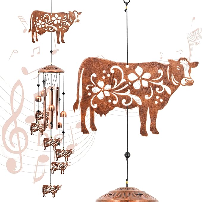 Cow Wind Chimes for Outside, Cow Farmhouse Memorial Gifts for Men/Women/Dad/Grandpa, Yard Outdoor Decor, Home Lawn Patio Garden Decoration (Cow)