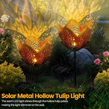 Outdoor Solar Tulip Light, Crackle Globe Glass Metal Flower Decorations Lights for Lawn Ornaments, LED Lotus Hollow Petal Stake Light for Patio Yard Lawn Walkway Ground (Tulip - 2pcs)