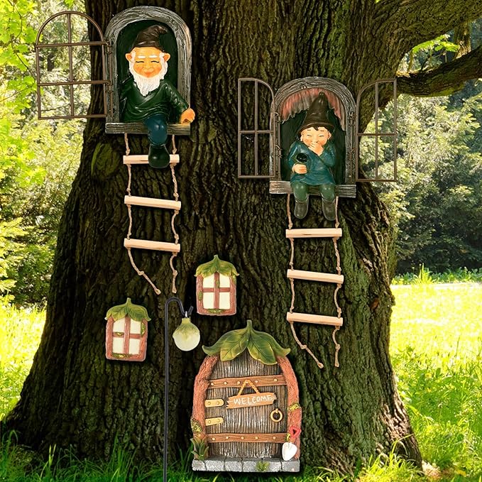 7 Pcs Fairy Garden Accessories Tree Hugger Gnome Statue Fairy Door Window Set Dwarf Elf Landscape Figurine Out The Door Resin Sculpture Hanging Tree Faces Decor for Trees Outdoor Decor (Fresh)