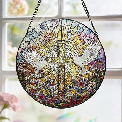 Stained Glass Window Hanging, 8 Inch White Pigeon Cross Suncatcher, Sun Catchers Indoor Window, Flowers Birds Cross Religious Home Garden Decor Glass Panel, Easter Faith Christian Gifts for Women Men