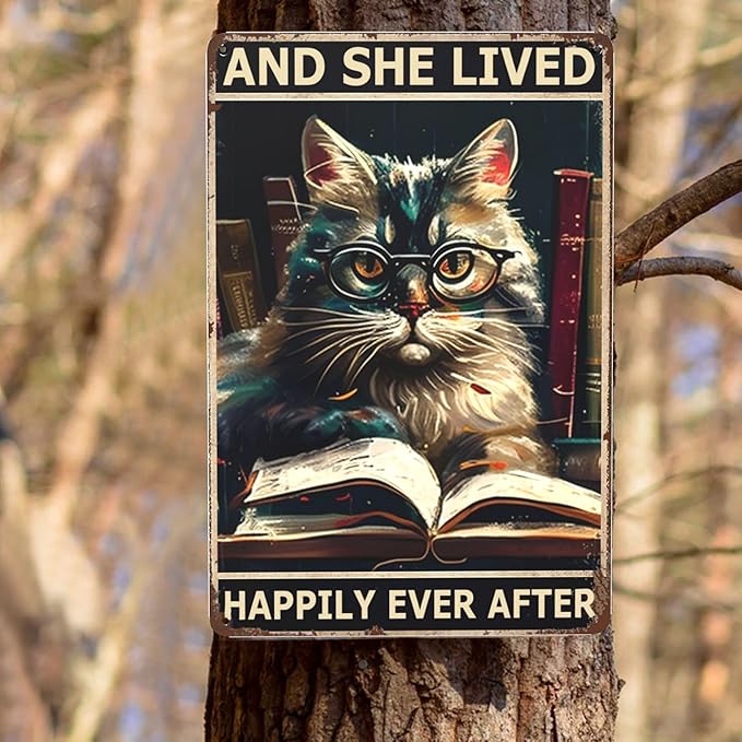 Vintage Metal & Tin Signs for Retro Boho, Hippie & Library Decor with Cat, Glasses & Garden Plaques - Perfect Wall Art for Home Office, Bathroom or Yard - 12x8 Chalkboard Style Prints
