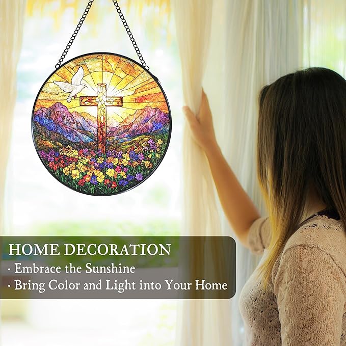 Cross Wildflowers Stained Glass Window Hanging Suncatcher, Christian Dove Sunset Sun Catcher Indoor Window Decor Gifts, Religious Painted Glass Round Wall Hanging Decorations 7.8x7.8 in