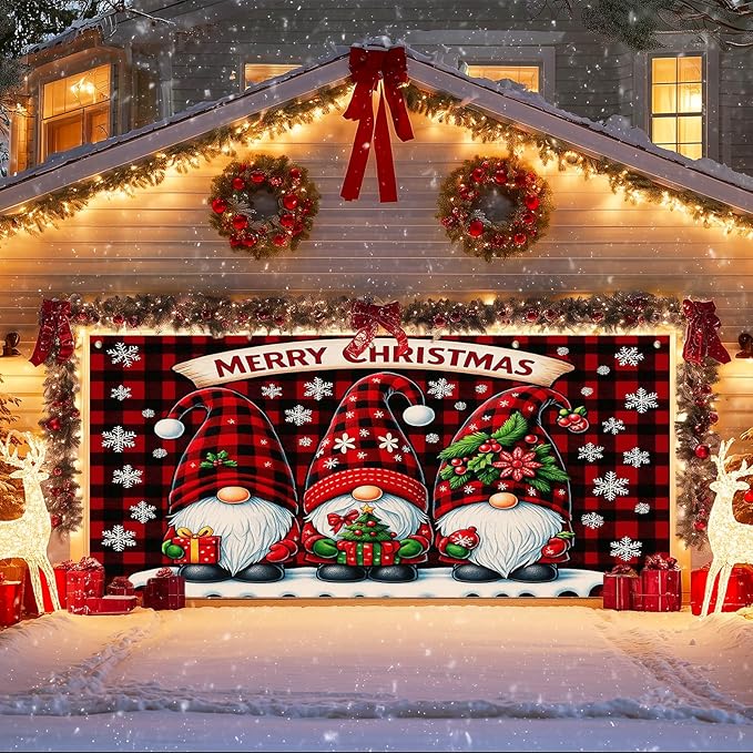 IVN Christmas Garage Door Cover Decoration 13x6ft Gnome Pattern Red Backdrop Gift Snowflakes and Stars Merry Christmas Garage Door Banner Home Door Front Yard Decor for Xmas Eve Holiday Outdoor