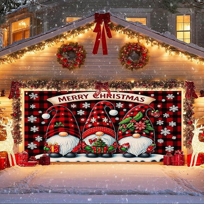 IVN Christmas Garage Door Cover Decoration 13x6ft Gnome Pattern Red Backdrop Gift Snowflakes and Stars Merry Christmas Garage Door Banner Home Door Front Yard Decor for Xmas Eve Holiday Outdoor