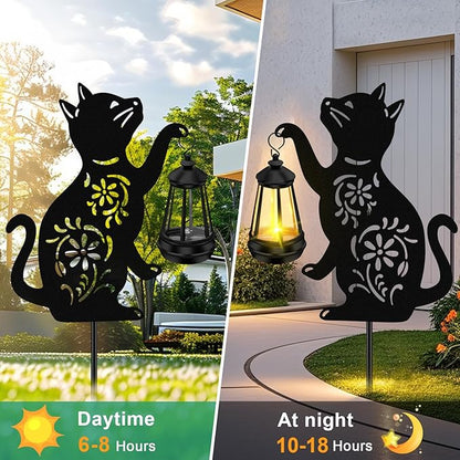 ZFNN Solar Garden Statues Cat Decor - Outdoor Metal Lantern Silhouette Stake, Waterproof Solar Lights for Yard Patio Lawn Pathway Art Decoration, Unique Gardening Gifts for Women Mom Cat Lovers 2Pack