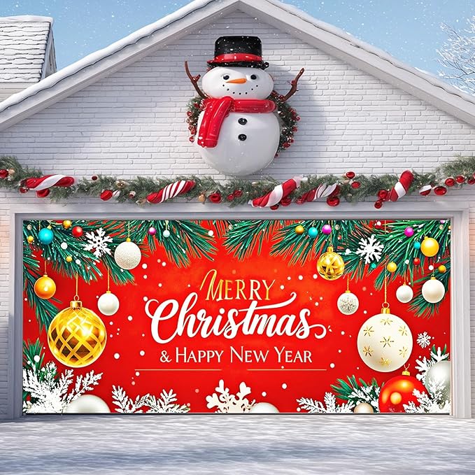 IVN Christmas Garage Door Cover Decoration 13x6ft Gold and White Baubles Red Snowflake Design Merry Christmas Winter Garage Door Banner Home Door Front Yard Decor for Xmas Eve Holiday Outdoor