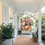 Hello Spring House Flags for Outdoor Decoration, Dog with Flowers Hat Large Yard Flag, Seasonal Decorative Celebration Decor for Summer Farmhouse Holiday Outside 28x40 Inch Vertical Double