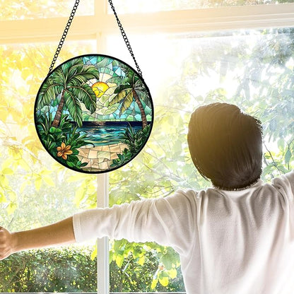 DASTOLL Stained Glass Window Hanging, Green Beach Scenery Suncatcher Diamond Glass Panel Hangings Sun Catchers Decor for Birthday for Women, Men, Wife, Aunt, and Mom 6.3 in