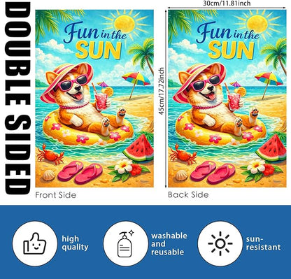 Nuxovilar Summer Garden Flag Fun In The Sun Beach Dog Float Pattern Polyester 12x18 Inches Garden Flags for Outside Playful Decor Yard Porch Pool