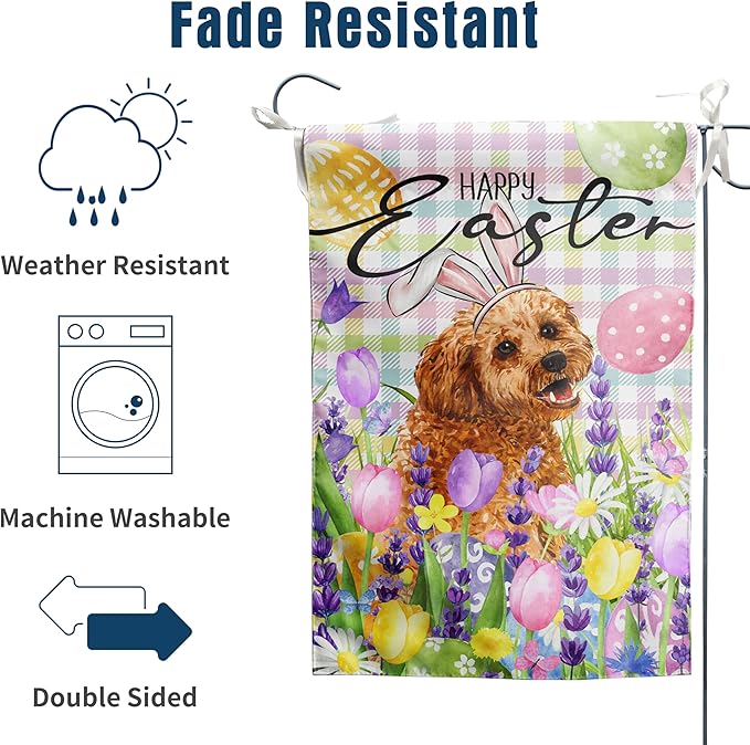 Happy Easter Dog Garden Flag Golden Doodle Spring Flags Buffalo Plaid Bunny Eggs Yard Flag for Outside 12x18 Double Sided Small Decorative Floral Outdoor Flag