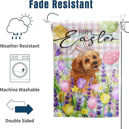 Happy Easter Dog Garden Flag Golden Doodle Spring Flags Buffalo Plaid Bunny Eggs Yard Flag for Outside 12x18 Double Sided Small Decorative Floral Outdoor Flag