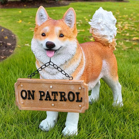 Akita Garden Sculpture with Solar Light and Double-Sided Sign, Standing Brown & White Japanese Akita Statue for Outdoor/Indoor Yard Patio Lawn Decor, Realistic Guardian Accent for Porch Pathway