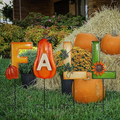 Juegoal 4 Pcs Fall Decorative Garden Stakes, 24.8 Inch Letter Fall Metal Yard Sign with Pumpkins, Outdoor Art Stake for Thanksgiving Decorations Fall Autumn Harvest Patio Lawn Walkway, Style B