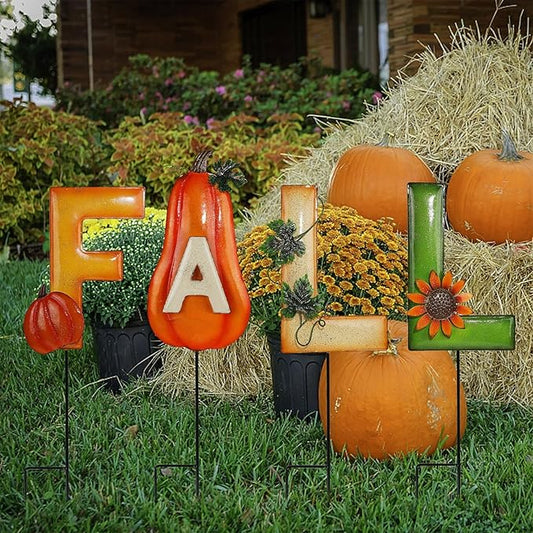 Juegoal 4 Pcs Fall Decorative Garden Stakes, 24.8 Inch Letter Fall Metal Yard Sign with Pumpkins, Outdoor Art Stake for Thanksgiving Decorations Fall Autumn Harvest Patio Lawn Walkway, Style B