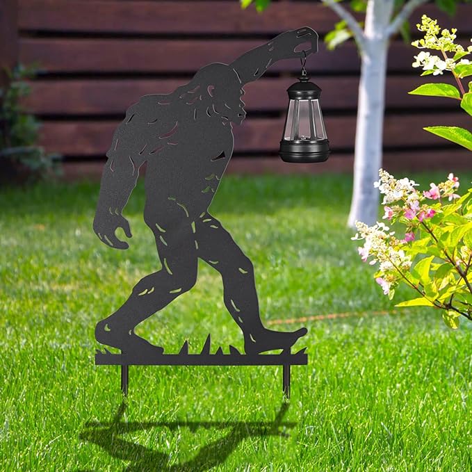 2Pack Solar Outdoor Garden Lights Stakes Solar Metal Bigfoot Lawn Deco Statue Black Bigfoot Patio Garden Decorative Stakes with Lantern Christmas Birthday Gifts for Women Mom and Grandma