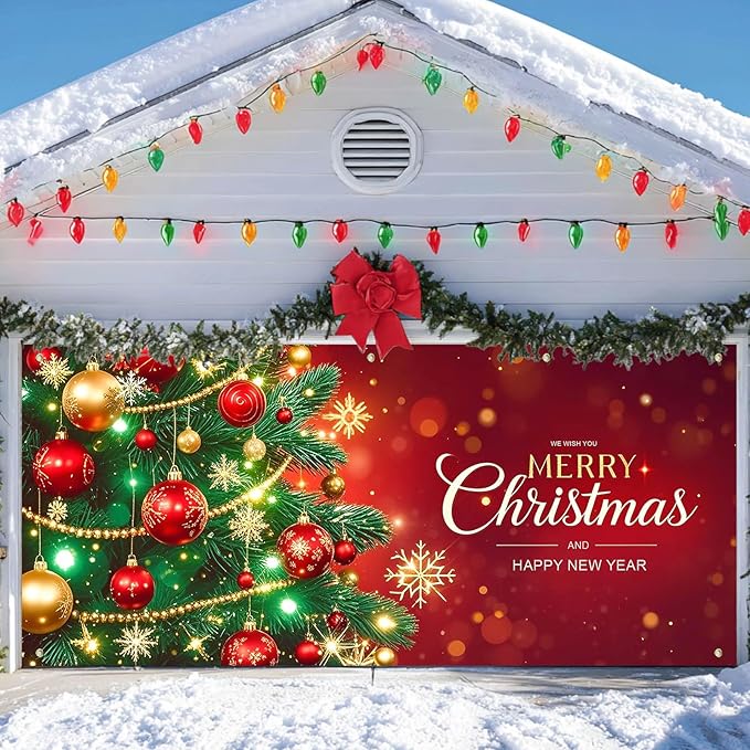 IVN Christmas Garage Door Cover Decoration 13x6ft Decorated Green Tree with Ornaments Red Holiday Merry Christmas Garage Door Banner Home Garage Door Front Yard Decor for Xmas Eve Holiday Outdoor
