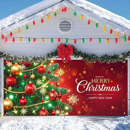 IVN Christmas Garage Door Cover Decoration 13x6ft Decorated Green Tree with Ornaments Red Holiday Merry Christmas Garage Door Banner Home Garage Door Front Yard Decor for Xmas Eve Holiday Outdoor