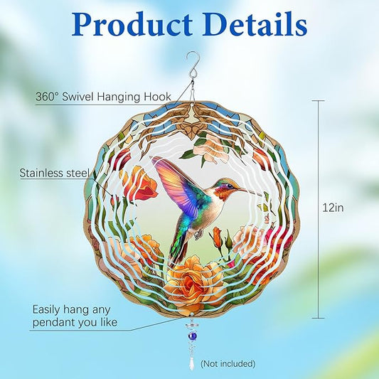 Wazzio Hummingbird Wind Spinner, Hummingbird Gifts for Women Men Mom Wife Grandma, 12" Metal Outdoor Indoor Hanging Ornament for Garden Porch Backyard, Gift for Birthday Thanksgiving Christmas