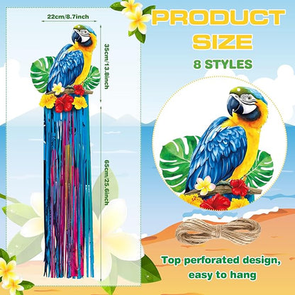 Affrolling 8 Pcs Tropical Birds Party Decoration Hawaiian Luau Tiki Jungle Theme Hanging Outdoor Decor with Tassels for Birthday Party Supplies 3.3 ft Summer Bird Toucan Leaf Garland Door Banner Sign