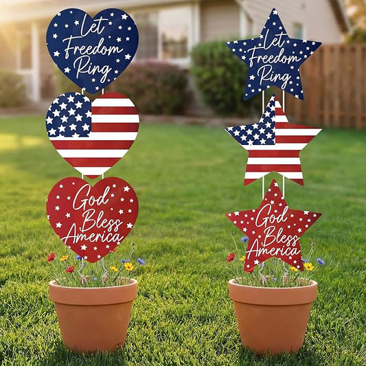 RattanView 6 Pack Outdoor 4th of July Yard Signs Stars and Heart Front Porch Decor with Stakes Red White Blue Lawn Sign Flower Pot for Garden Patio Lawn Independence Day Patriotic Party Decorations