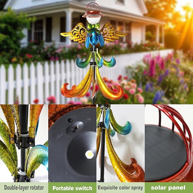 Yard Garden Wind Spinners - Large Outdoor Metal Wind Spinners with Stake, Yard Art Lawn Garden Decor Colorful Angel-Shaped Wind Vane (19.5" W x 79" H)