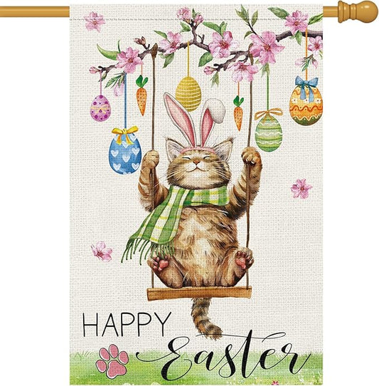 Heyfibro Happy Easter Cute Cat Garden Flag 28x40 Double Sided Burlap, Spring Summer Magnolia Flower Easter Egg Small Yard Banner for Seasonal Holiday Farmhouse Yard Outdoor Decor(ONLY FLAG)