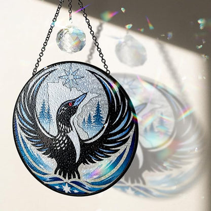 Common Rebel Loon Stained Glass Suncatcher, Custom Loon Bird Stained Glass Suncatcher Indoor Window with Crystal, Black Birds Sun Catcher Decor Window Hanging, Bird Lover Gifts for Women, Grandma, Mom