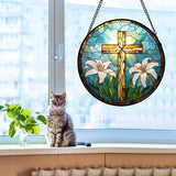 Christian Gifts for Women - Cross Stained Glass Window Hanging Jesus Easter White Lily Flower Sun Catcher Garden Religion Decor Mother's Day Catholic Gift for Men Grandma Mom Her Nana 6.3"
