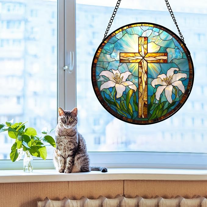Christian Gifts for Women - Cross Stained Glass Window Hanging Jesus Easter White Lily Flower Sun Catcher Garden Religion Decor Mother's Day Catholic Gift for Men Grandma Mom Her Nana 7.8"